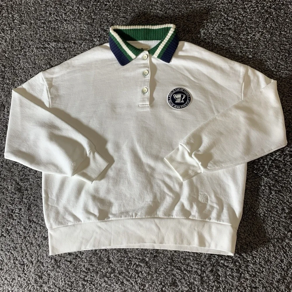 Tory Burch White Polo Sweatshirt with‎ Green and Blue Accents - Picture 2 of 9